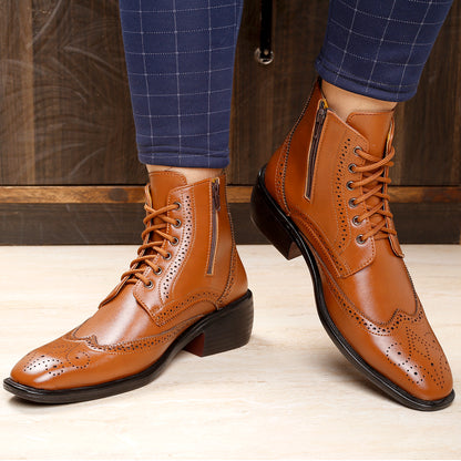 Bxxy's Men's Height Increasing Semi-Formal Cow Boy Ankle Zipper Lace-Up Brogue Boots