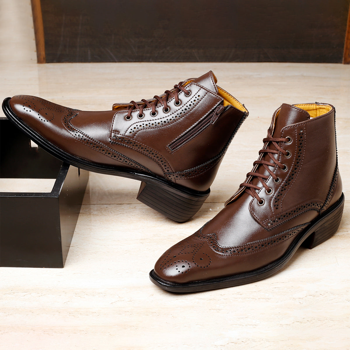 Bxxy's Men's Height Increasing Semi-Formal Cow Boy Ankle Zipper Lace-Up Brogue Boots