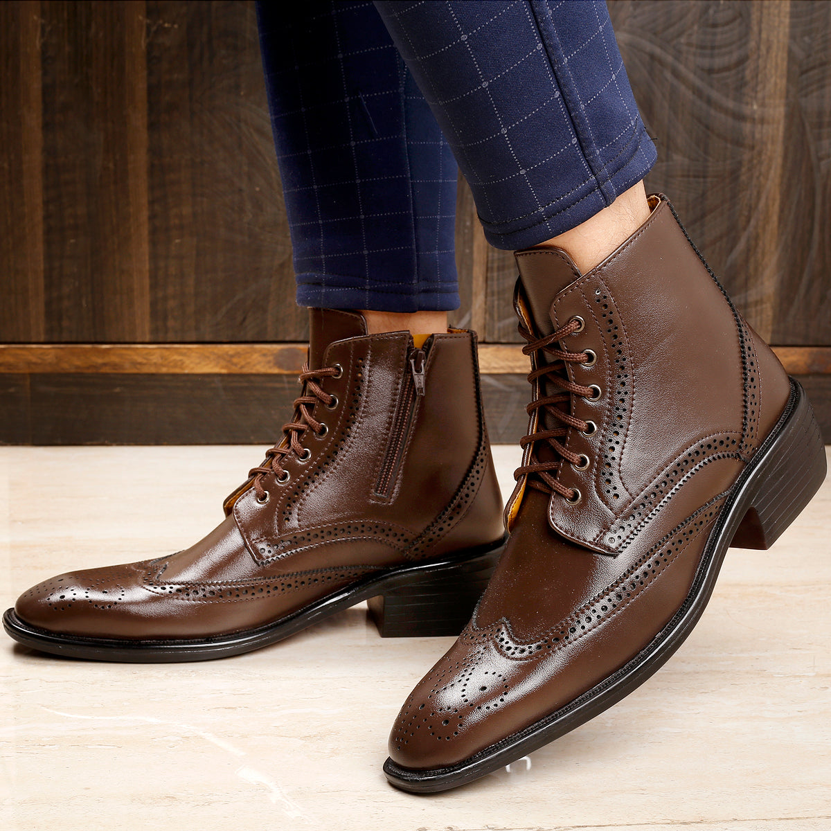 Bxxy's Men's Height Increasing Semi-Formal Cow Boy Ankle Zipper Lace-Up Brogue Boots
