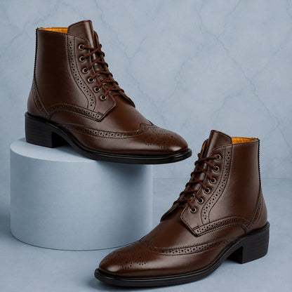 Bxxy's Men's Height Increasing Semi-Formal Cow Boy Ankle Zipper Lace-Up Brogue Boots