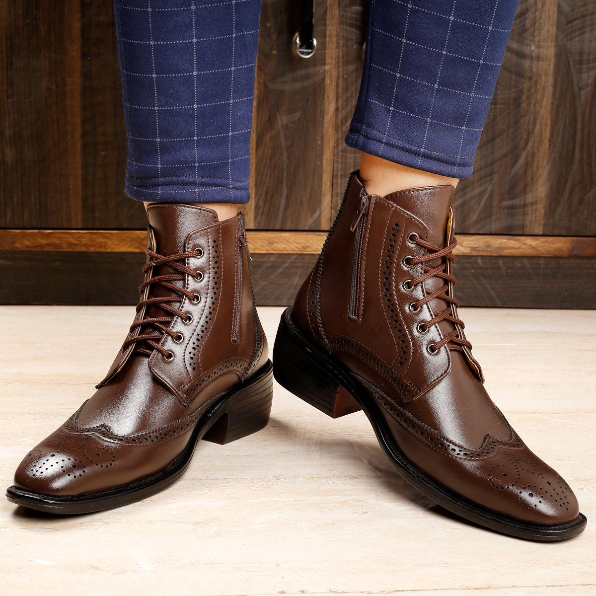 Bxxy's Men's Height Increasing Semi-Formal Cow Boy Ankle Zipper Lace-Up Brogue Boots