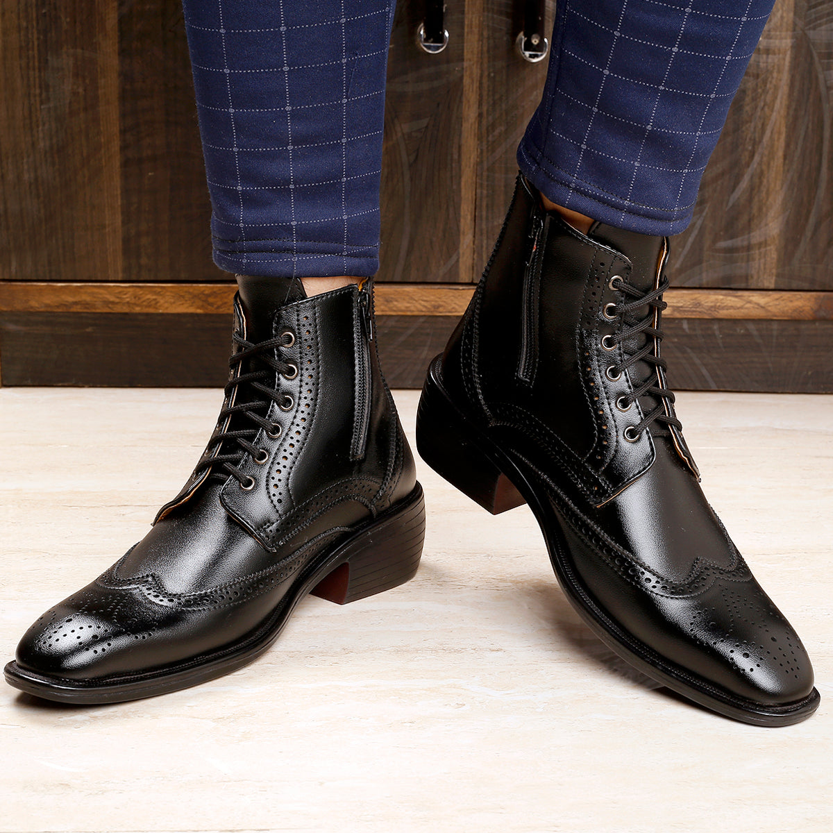 Bxxy's Men's Height Increasing Semi-Formal Cow Boy Ankle Zipper Lace-Up Brogue Boots