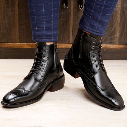 Bxxy's Men's Height Increasing Semi-Formal Cow Boy Ankle Zipper Lace-Up Brogue Boots