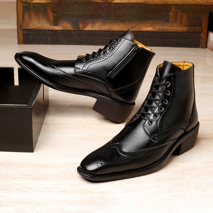 Bxxy's Men's Height Increasing Semi-Formal Cow Boy Ankle Zipper Lace-Up Brogue Boots