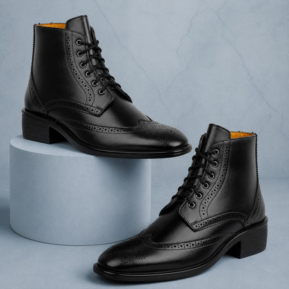 Bxxy's Men's Height Increasing Semi-Formal Cow Boy Ankle Zipper Lace-Up Brogue Boots