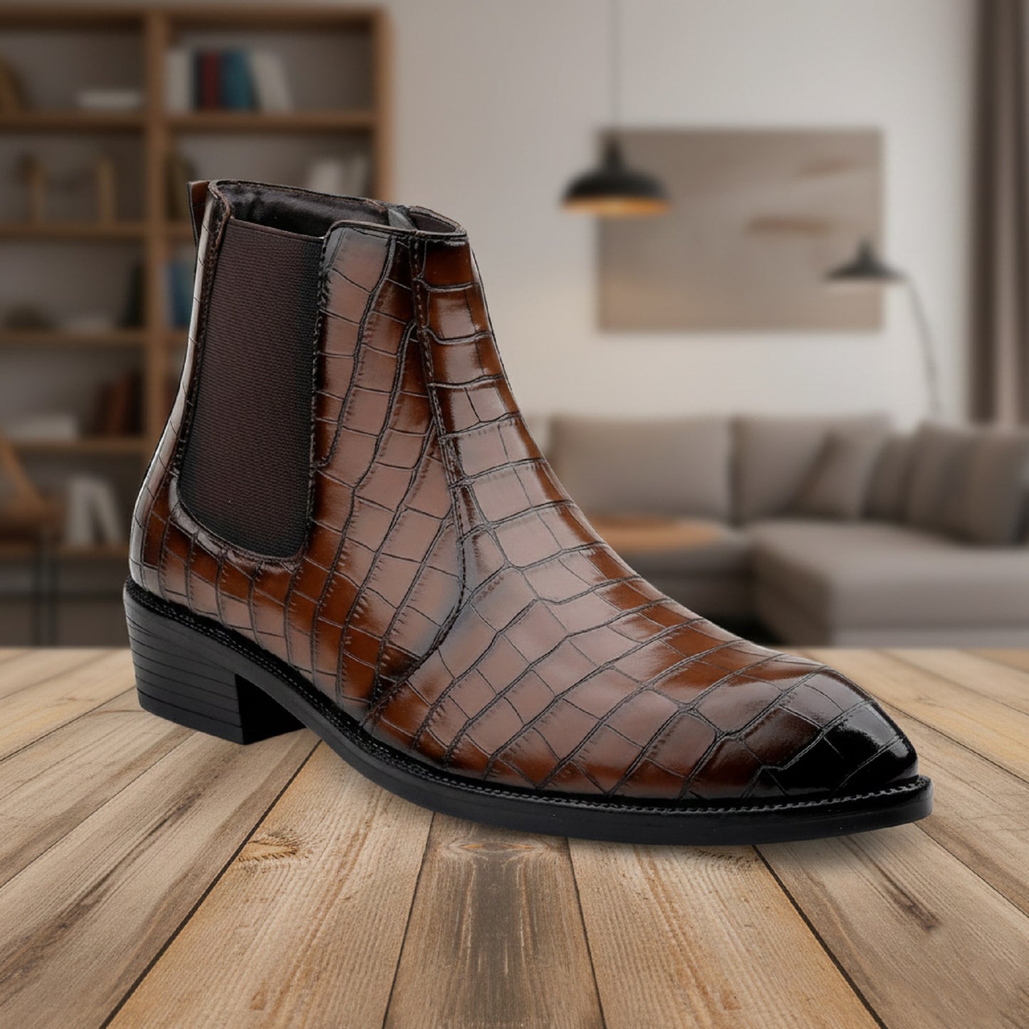 Men’s Croc-Pattern Height-Boost Chelsea Boots – Step Taller, Look Sharper