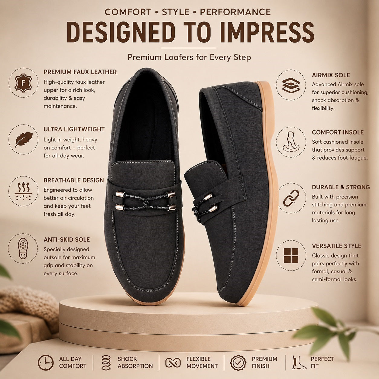 Mens Premium Faux Leather Loafers with AirMix Sole