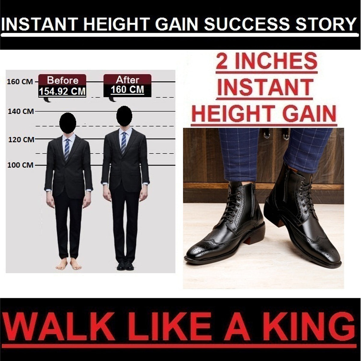Bxxy's Men's Height Increasing Semi-Formal Cow Boy Ankle Zipper Lace-Up Brogue Boots