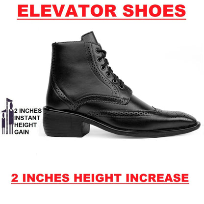 Bxxy's Men's Height Increasing Semi-Formal Cow Boy Ankle Zipper Lace-Up Brogue Boots