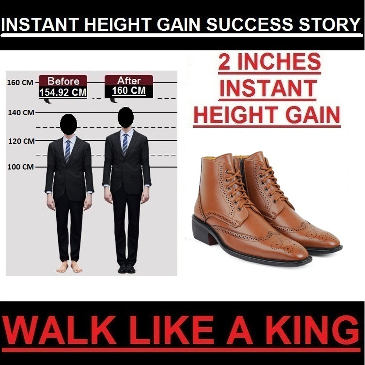 Bxxy's Men's Height Increasing Semi-Formal Cow Boy Ankle Zipper Lace-Up Brogue Boots