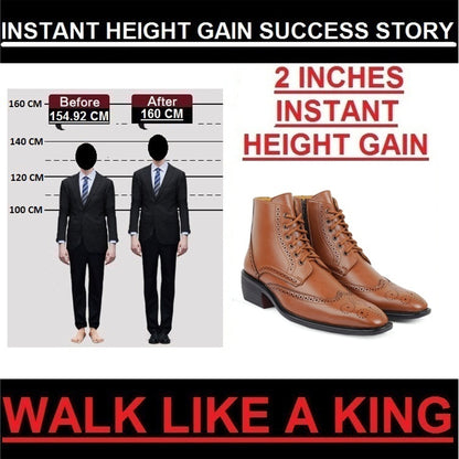 Bxxy's Men's Height Increasing Semi-Formal Cow Boy Ankle Zipper Lace-Up Brogue Boots