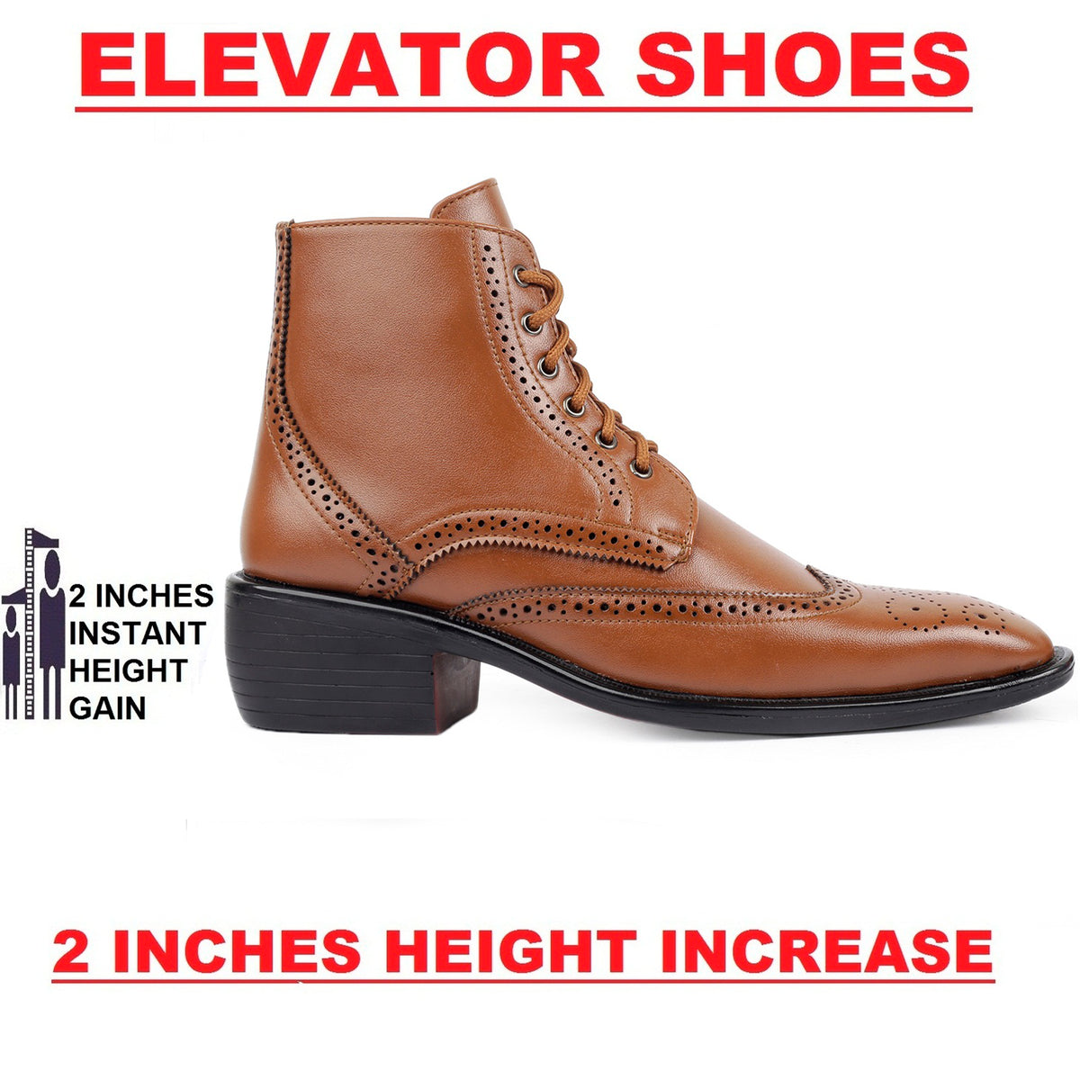 Bxxy's Men's Height Increasing Semi-Formal Cow Boy Ankle Zipper Lace-Up Brogue Boots
