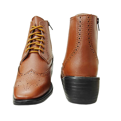 Bxxy's Men's Height Increasing Semi-Formal Cow Boy Ankle Zipper Lace-Up Brogue Boots