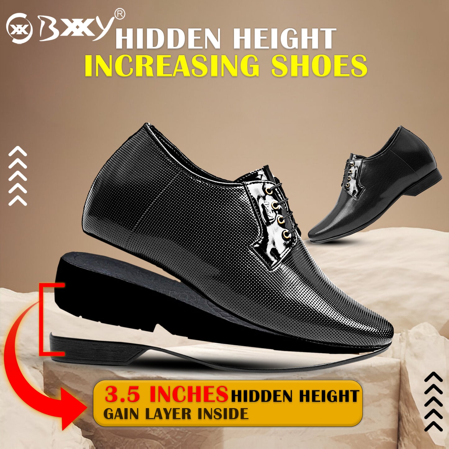 BXXY Men’s Lace-Up Patent Oxford Formal Shoes – Built-In 3.5 Inch (9 cm) Height Increase
