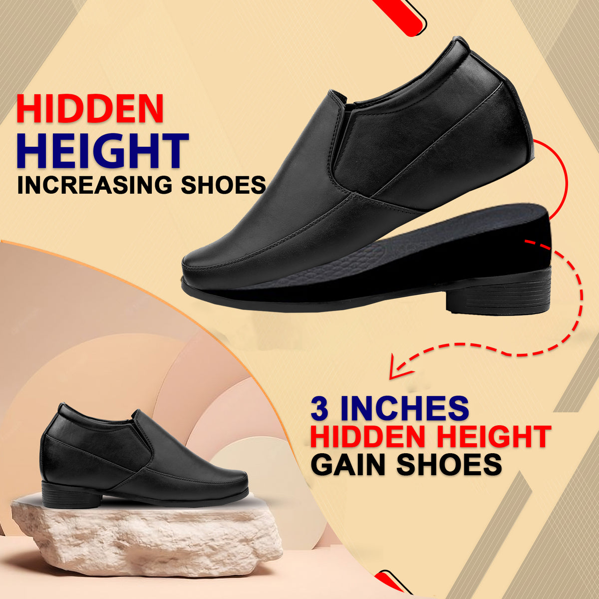 BXXY 3 Inch Hidden Height Increasing Dress Slip on Formal Faux Leather Shoes for Men