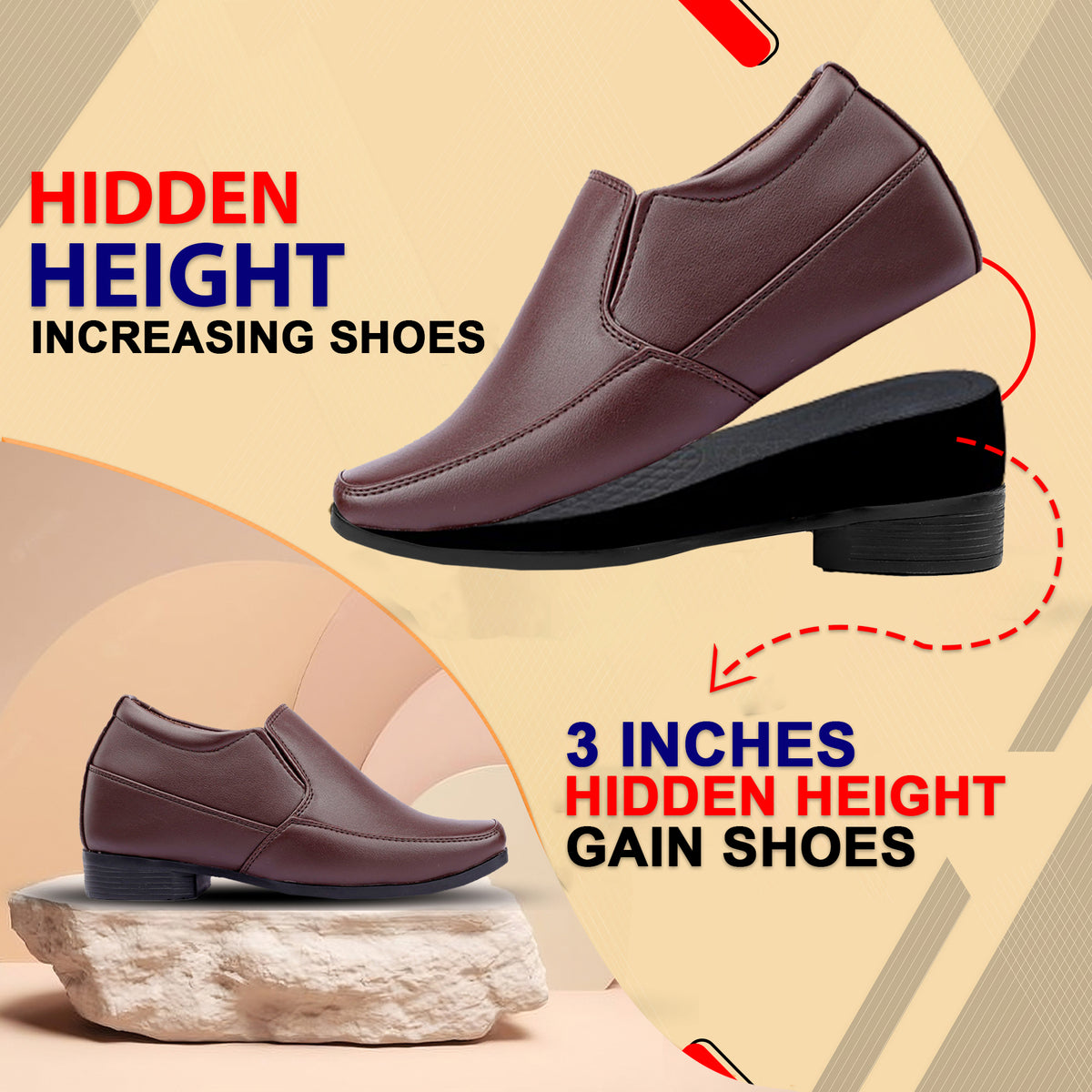 BXXY 3 Inch Hidden Height Increasing Dress Slip on Formal Faux Leather Shoes for Men