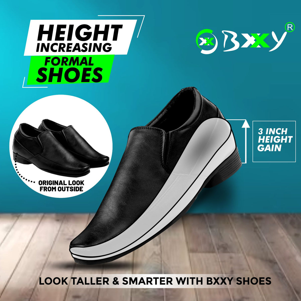 BXXY Mens 3 Inches Hidden Height Increasing Formal Wear Slipon Shoes