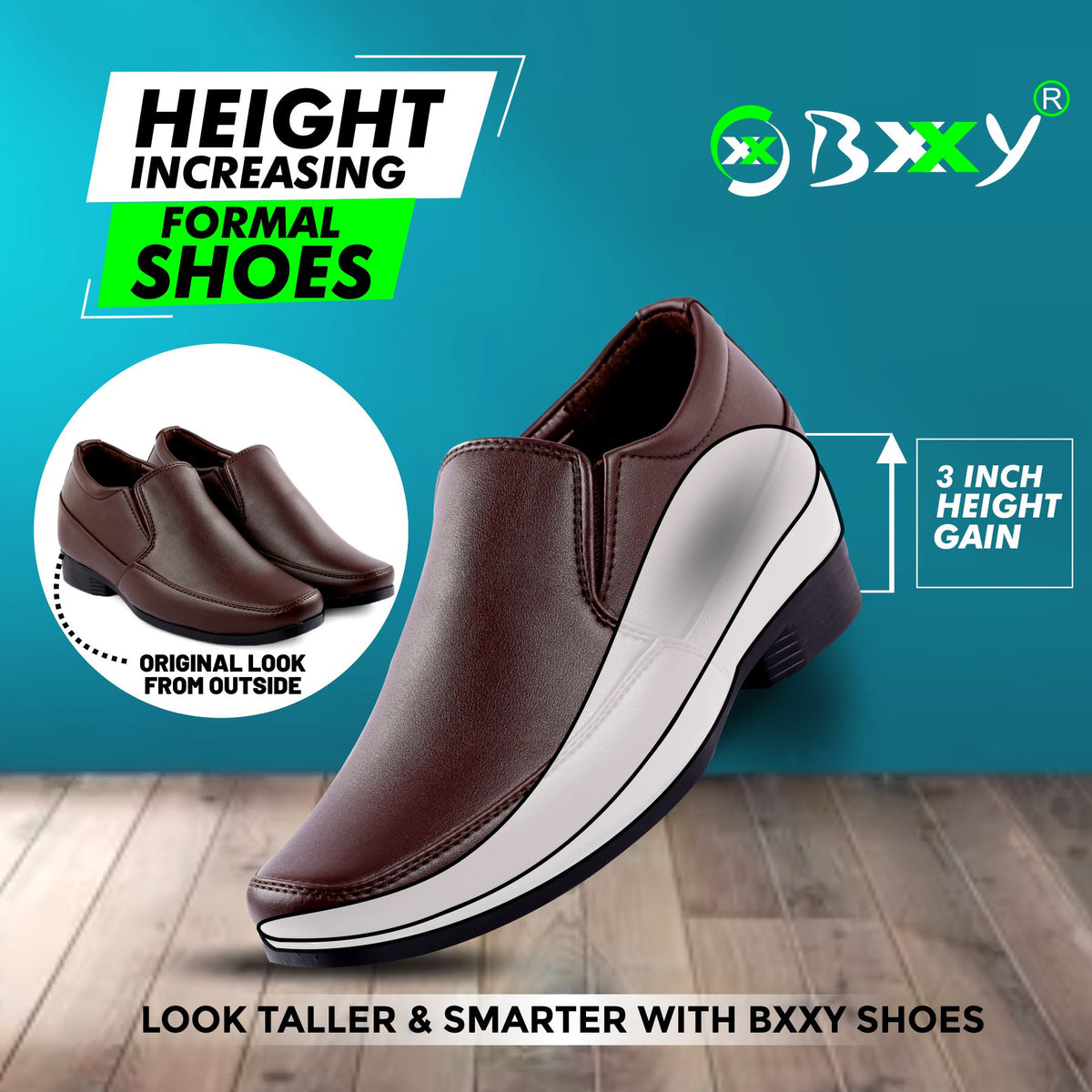 BXXY Mens 3 Inches Hidden Height Increasing Formal Wear Slipon Shoes