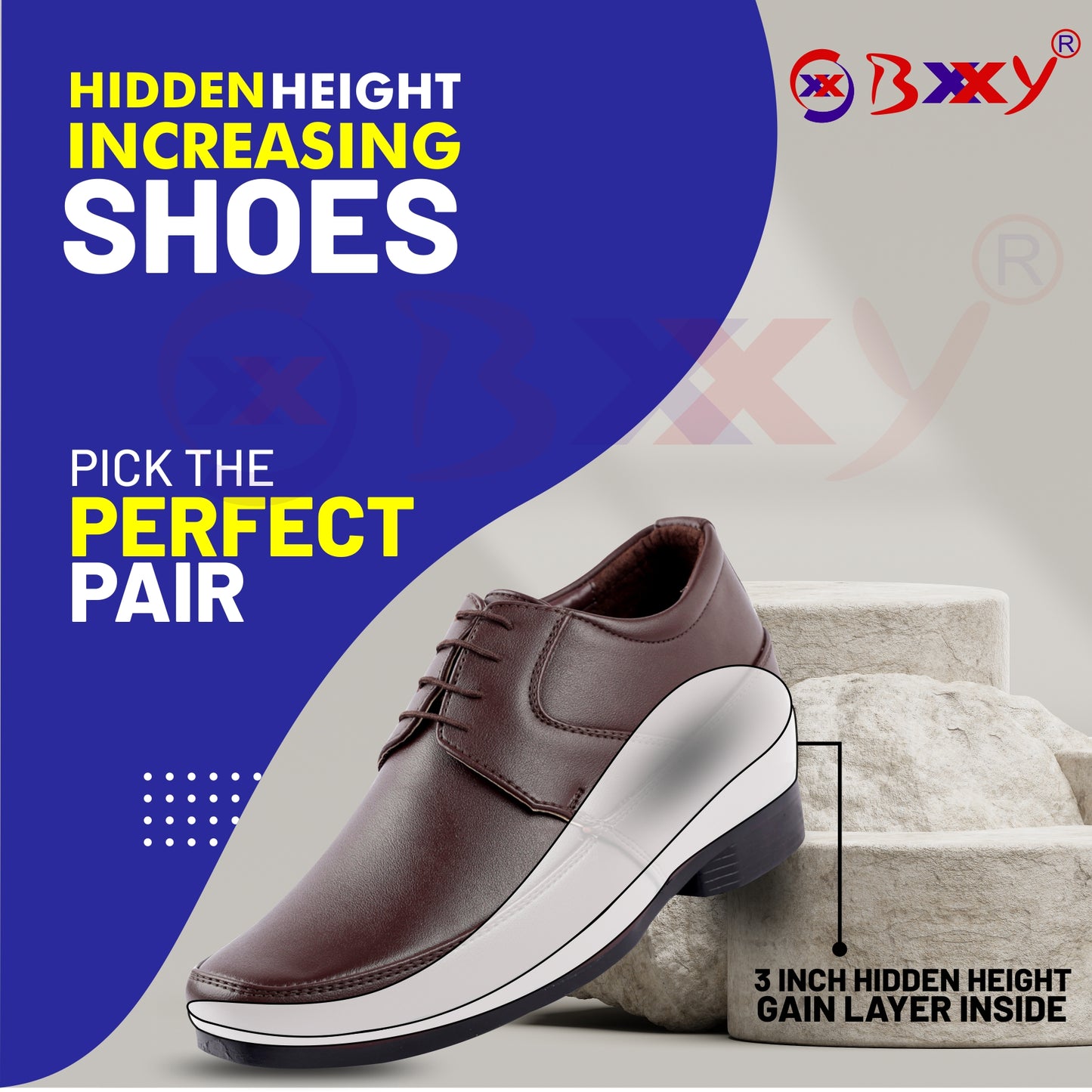 BXXY 9 cm (3.5 Inch) Hidden Height Increasing Dress and Derby Lace-Up Formal Faux Leather Shoes for Men