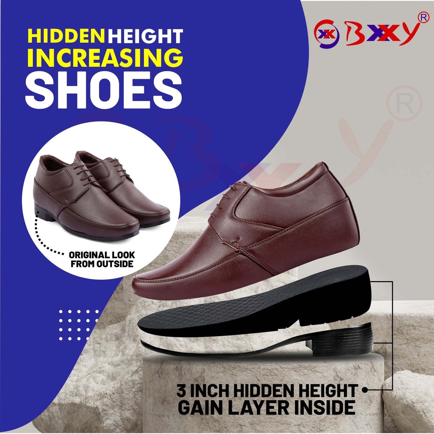 BXXY Men's 9 cm (3.5 Inch) Hidden Height Increasing Dress and Derby Lace-Up Formal Faux Leather Shoes for Men