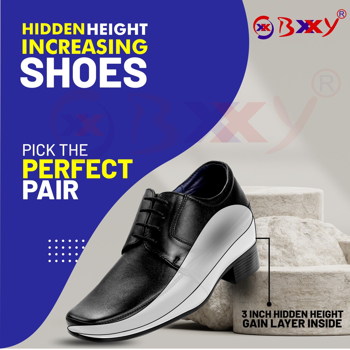 BXXY 9 cm (3.5 Inch) Hidden Height Increasing Dress and Derby Lace-Up Formal Faux Leather Shoes for Men