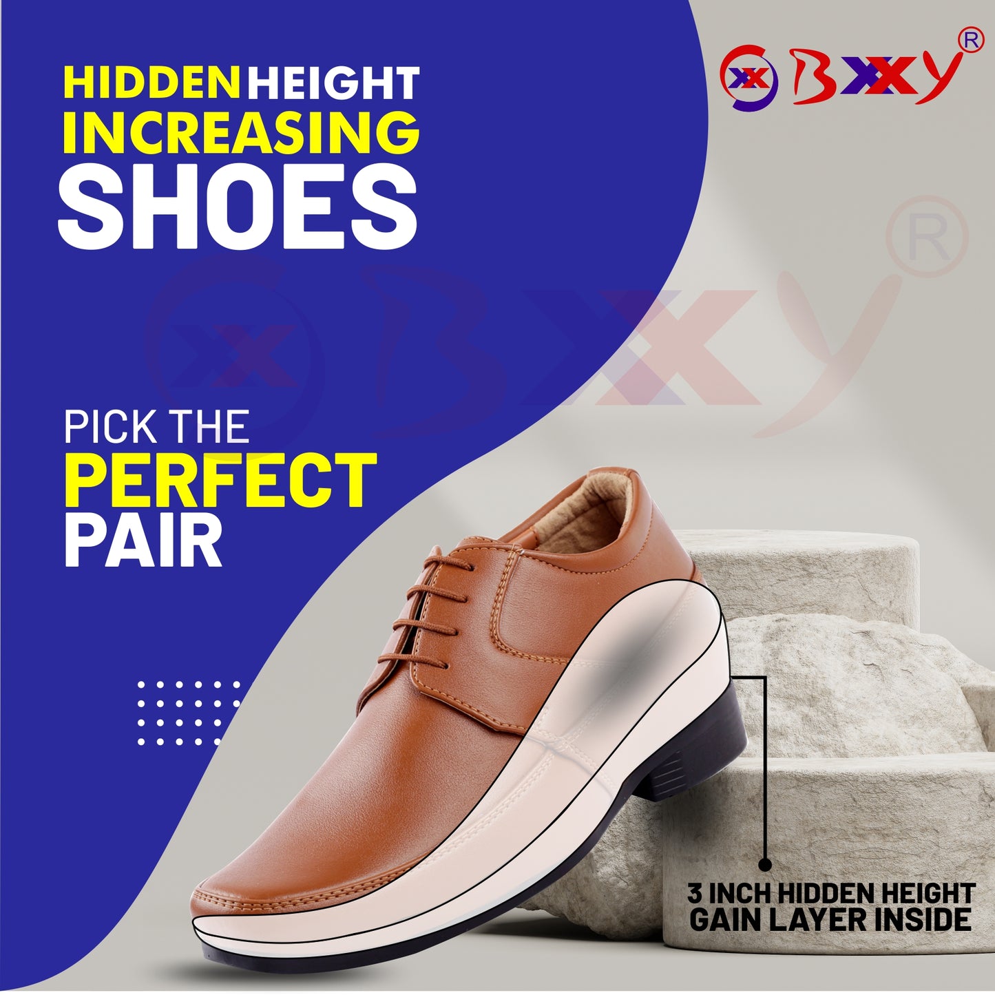 BXXY 9 cm (3.5 Inch) Hidden Height Increasing Dress and Derby Lace-Up Formal Faux Leather Shoes for Men