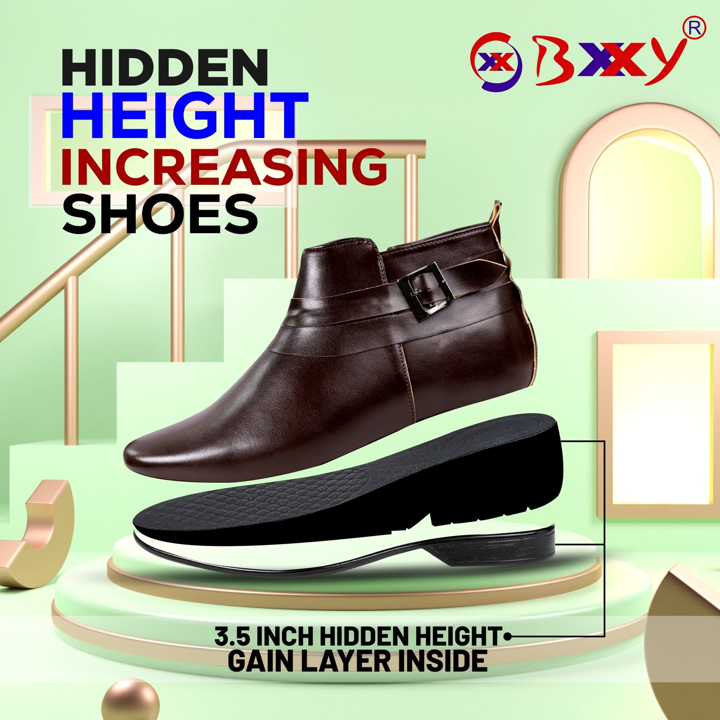 BXXY 3.5 Inch Height Increasing Formal and Casual Pu Leather Derby Boots for All Ocassions