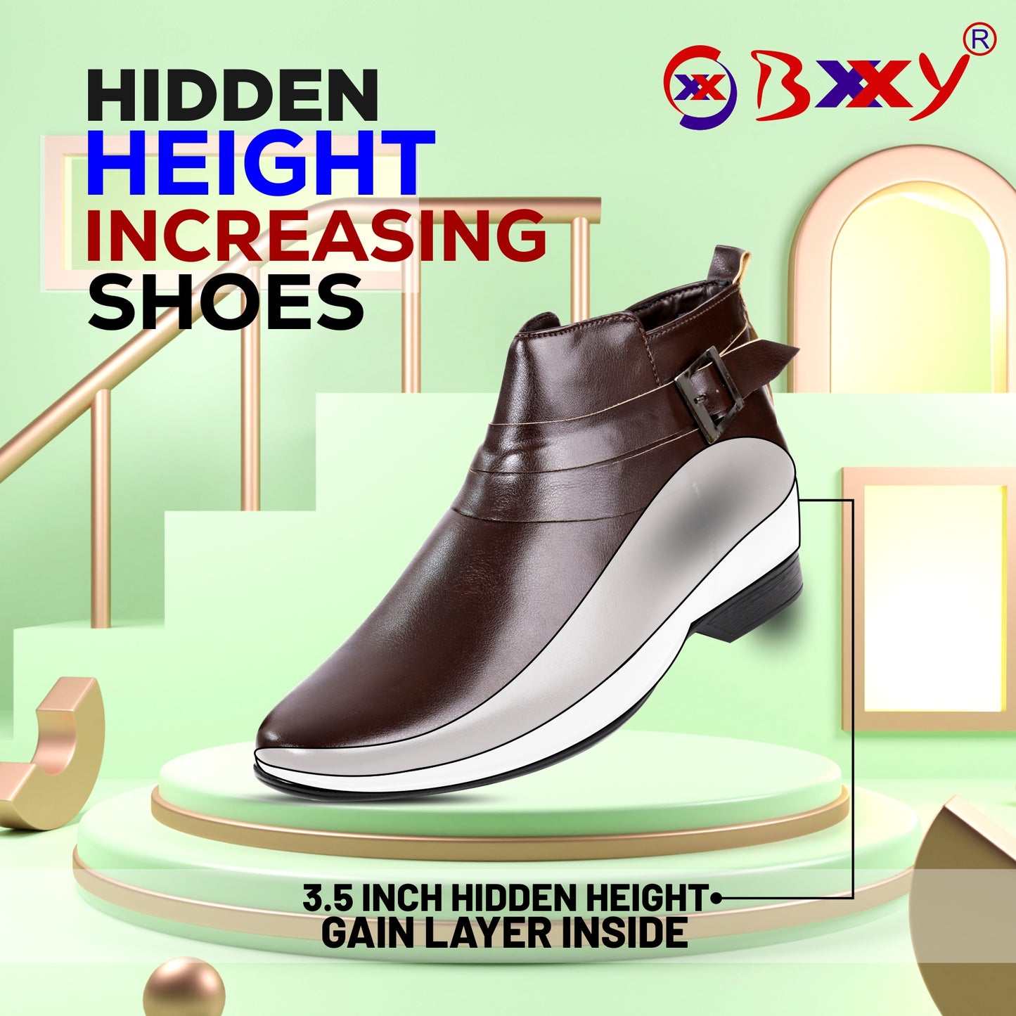 BXXY 3.5 Inch Height Increasing Formal and Casual Pu Leather Derby Boots for All Ocassions