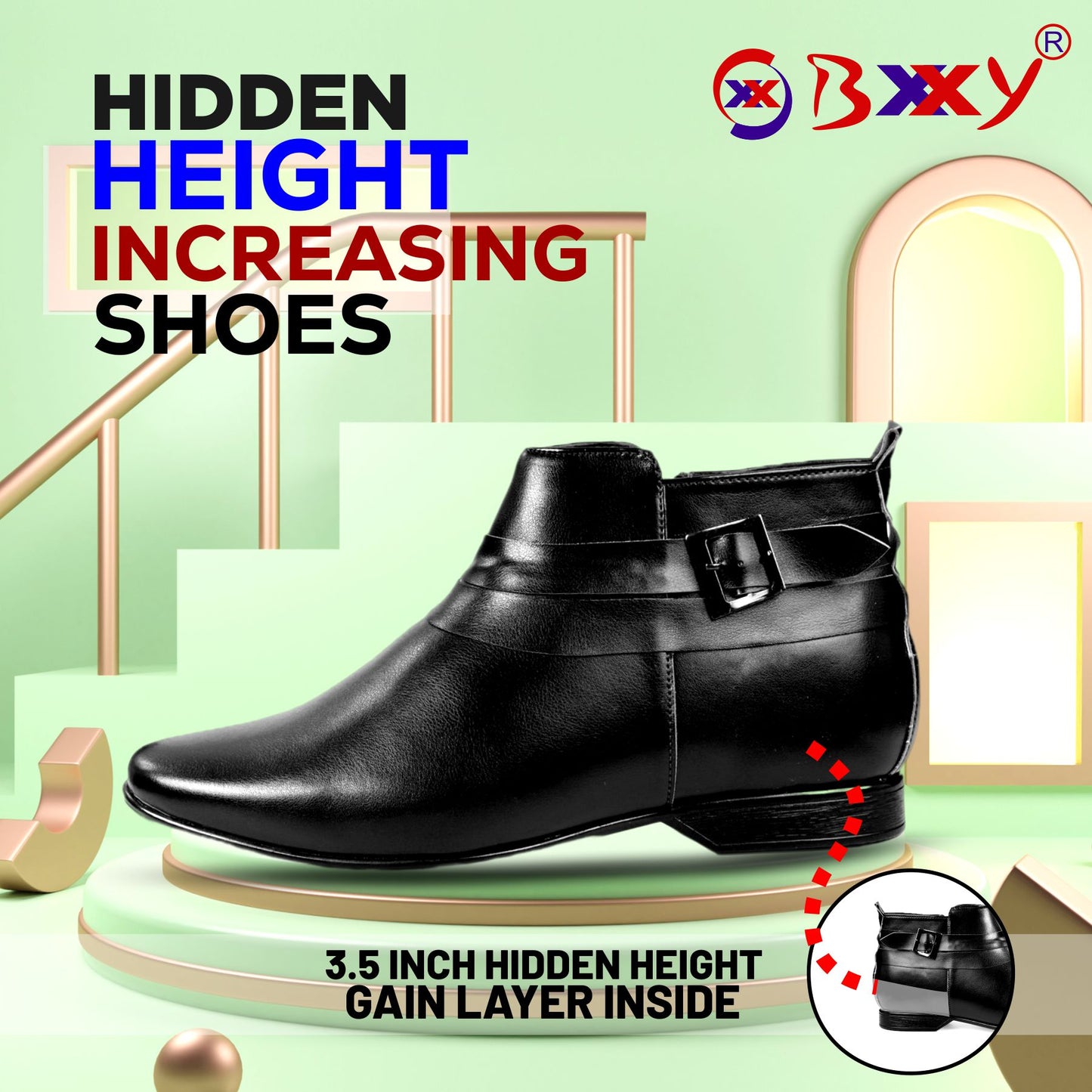 BXXY 3.5 Inch Height Increasing Formal and Casual Pu Leather Derby Boots for All Ocassions