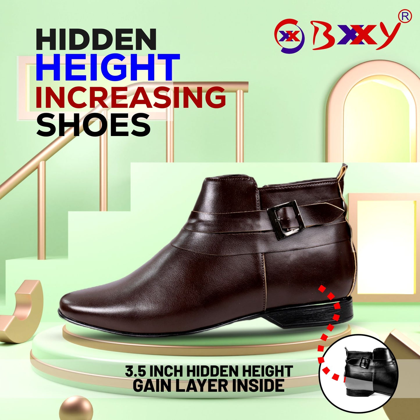 BXXY 3.5 Inch Height Increasing Formal and Casual Pu Leather Derby Boots for All Ocassions