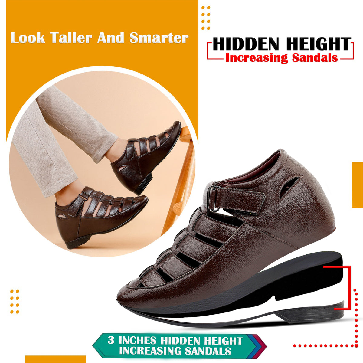 BXXY 3 Inches Height Increasing Casual Roman Sandals Instant Height Gainer shoe for Men