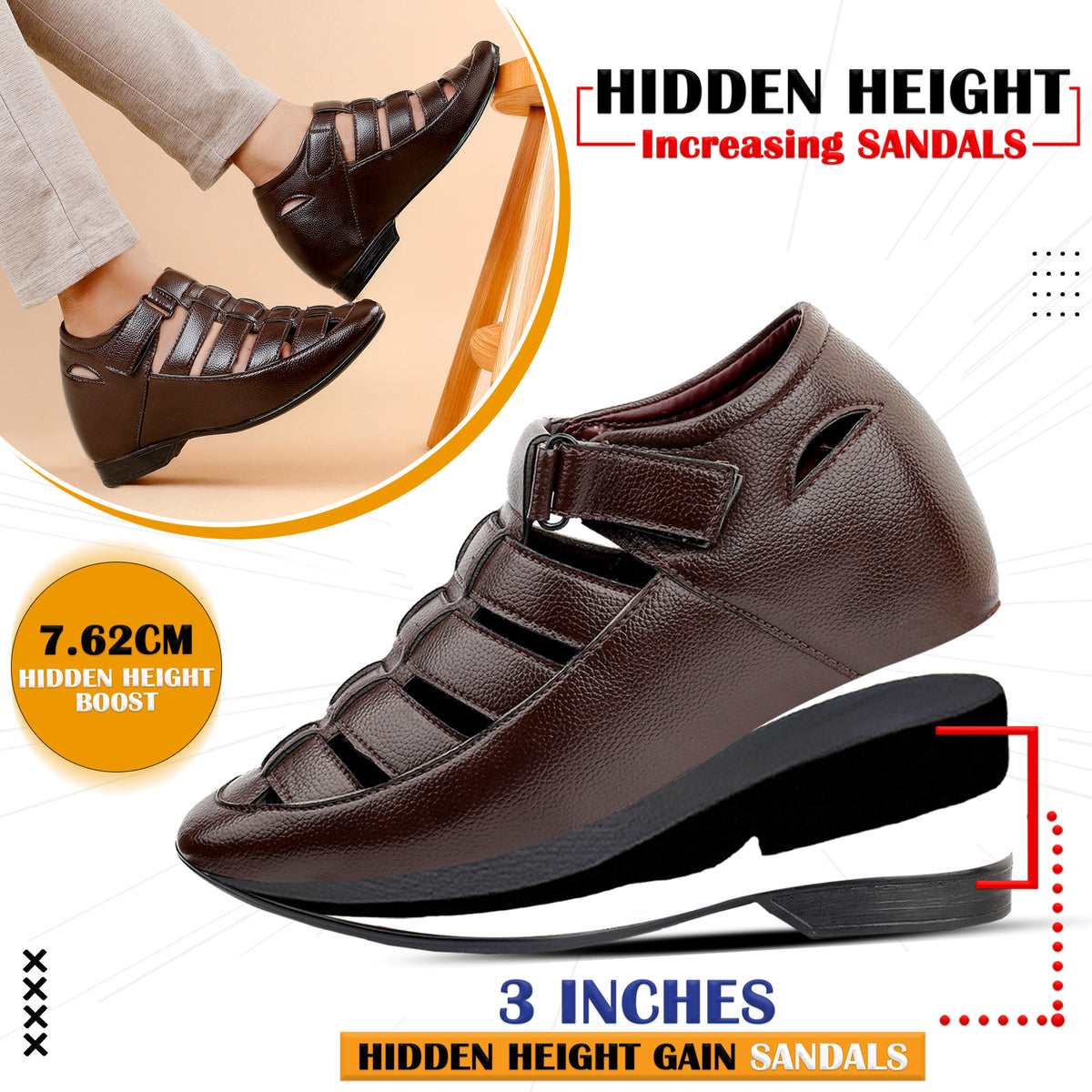 BXXY 3 Inches Height Increasing Casual Roman Sandals Instant Height Gainer shoe for Men