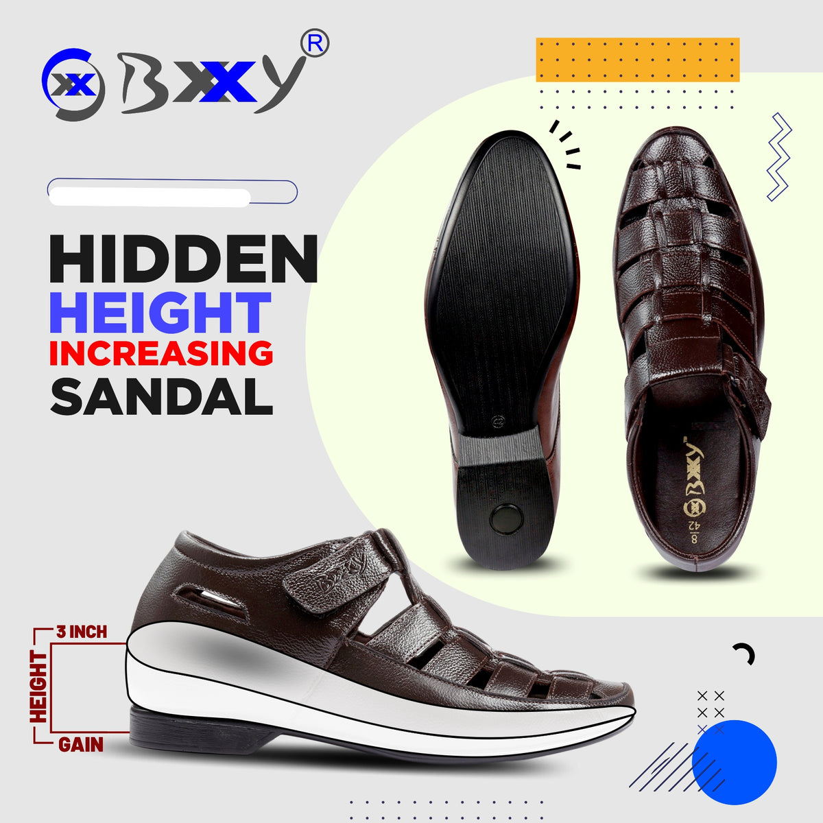 BXXY 3 Inches Height Increasing Casual Roman Sandals Instant Height Gainer shoe for Men