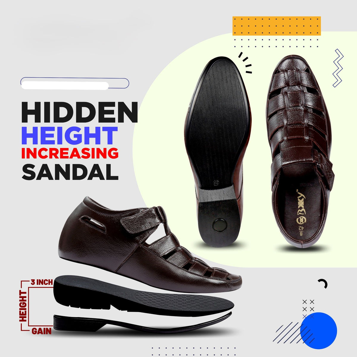 BXXY 3 Inches Height Increasing Casual Roman Sandals Instant Height Gainer shoe for Men