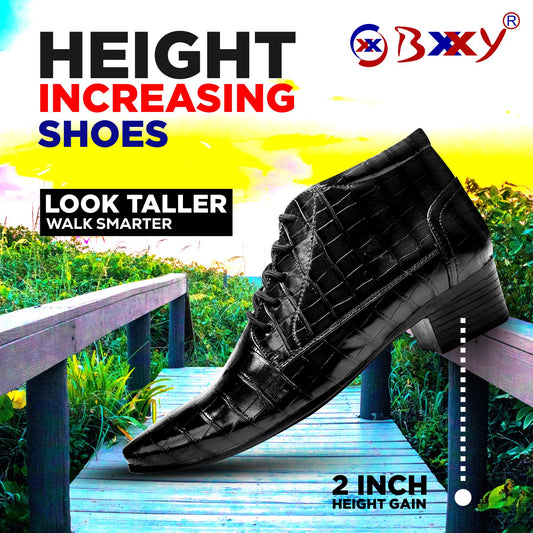 BXXY Men Height Increasing Faux Leather Material Formal Crocodile Style Lace-Up Boots on Cuban Sole