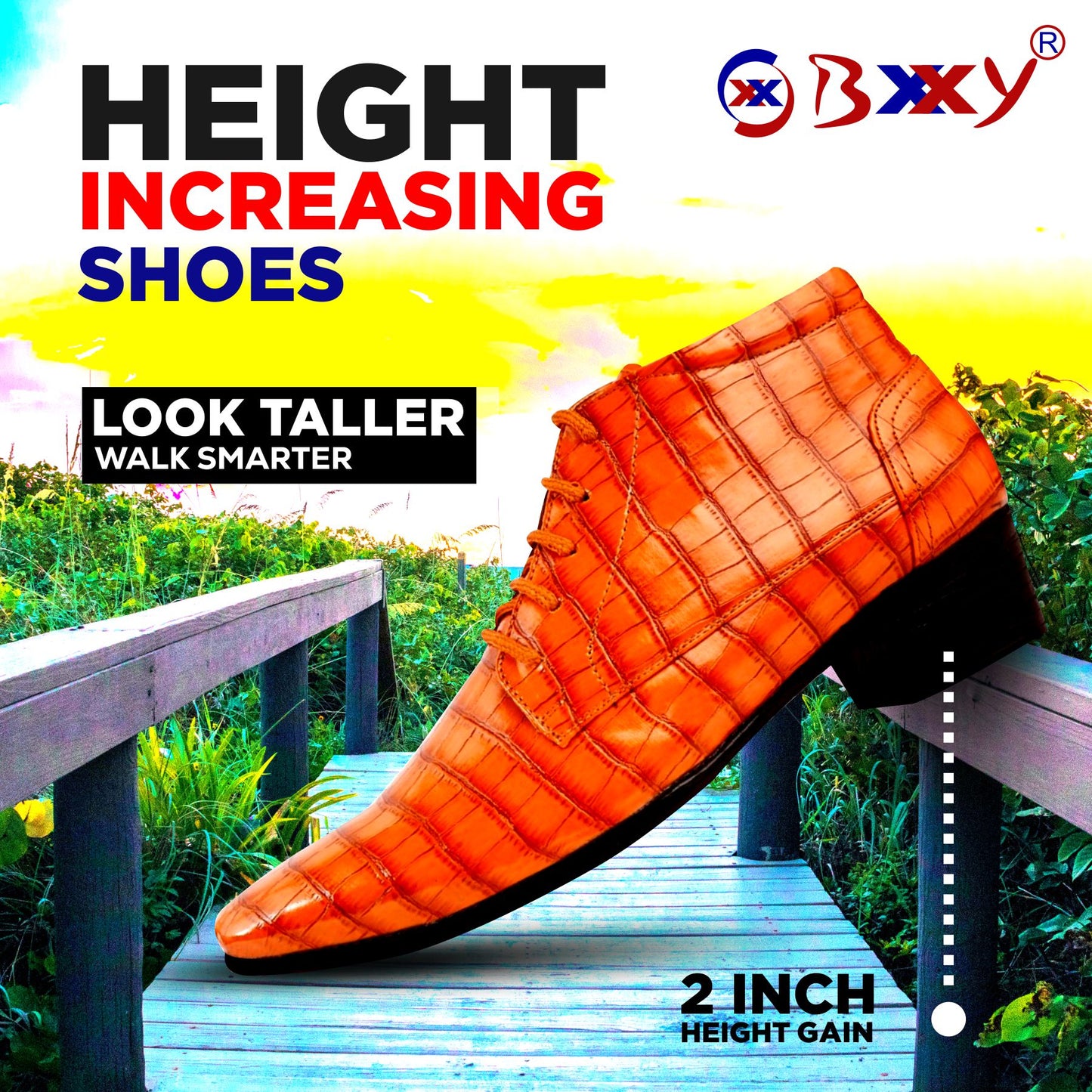 BXXY Men Height Increasing Faux Leather Material Formal Crocodile Style Lace-Up Boots on Cuban Sole
