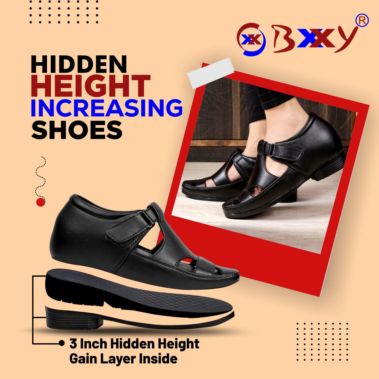 Bxxy's 3 Inch Hidden Height Increasing Elevator Roman Vegan Leather Sandals for Men