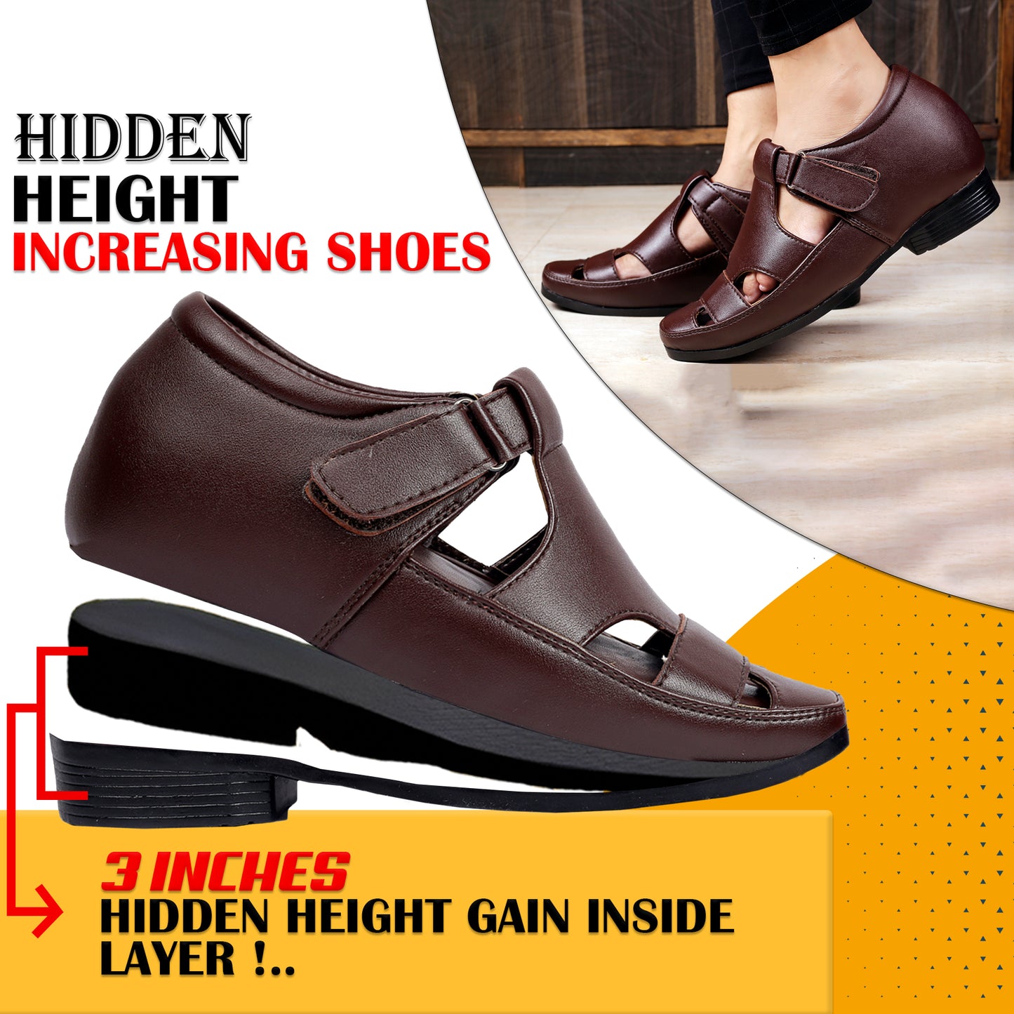 BXXY Comfort Height Sandals Invisible 7.62 CM Lift for Everyday Wear