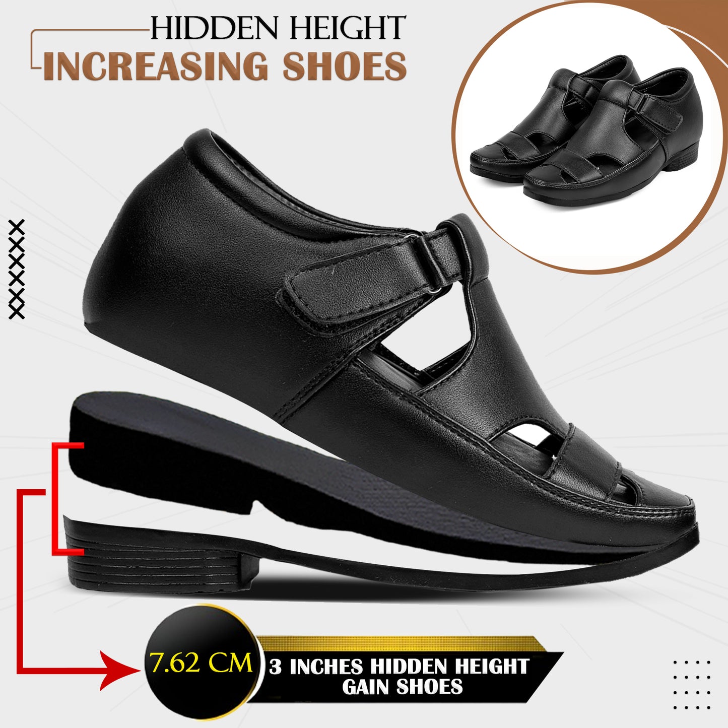 BXXY Comfort Height Sandals Invisible 7.62 CM Lift for Everyday Wear