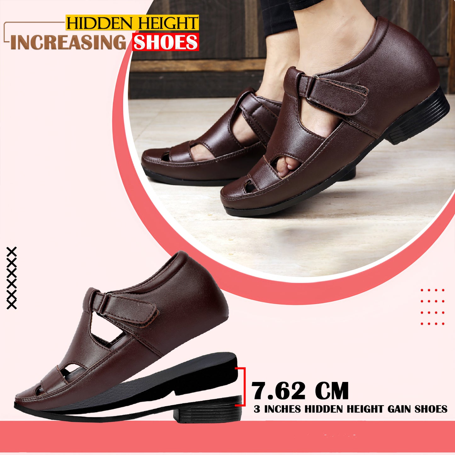 BXXY Comfort Height Sandals Invisible 7.62 CM Lift for Everyday Wear