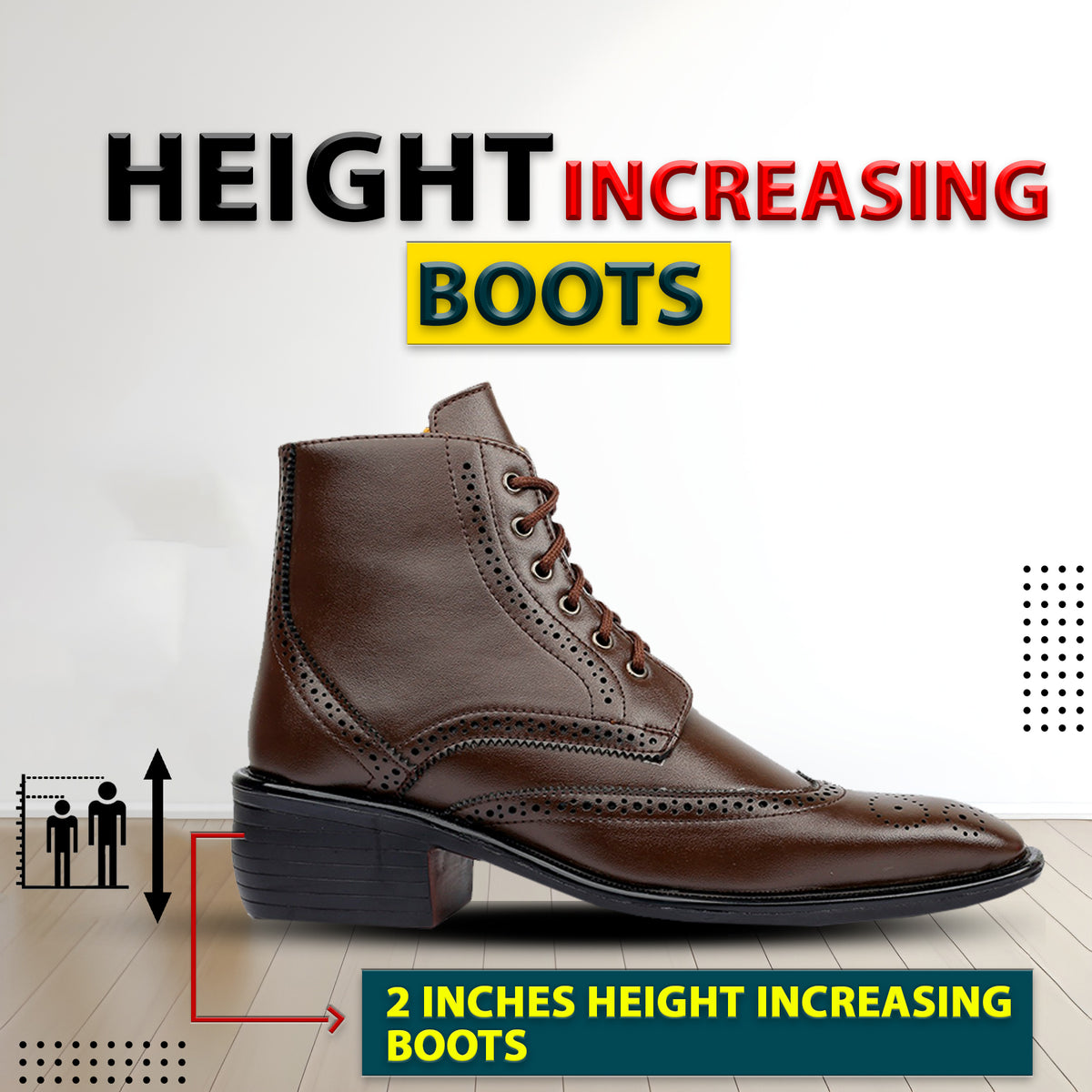 Bxxy's Men's Height Increasing Semi-Formal Cow Boy Ankle Zipper Lace-Up Brogue Boots