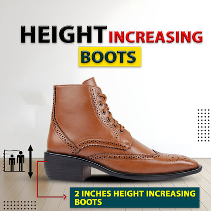 Bxxy's Men's Height Increasing Semi-Formal Cow Boy Ankle Zipper Lace-Up Brogue Boots