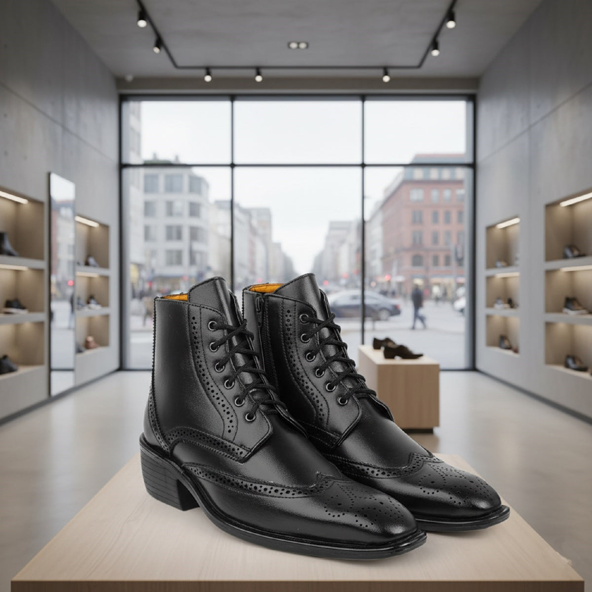 Bxxy's Men's Height Increasing Semi-Formal Cow Boy Ankle Zipper Lace-Up Brogue Boots