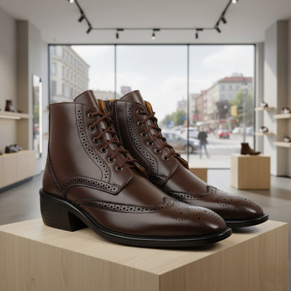 Bxxy's Men's Height Increasing Semi-Formal Cow Boy Ankle Zipper Lace-Up Brogue Boots