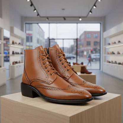 Bxxy's Men's Height Increasing Semi-Formal Cow Boy Ankle Zipper Lace-Up Brogue Boots