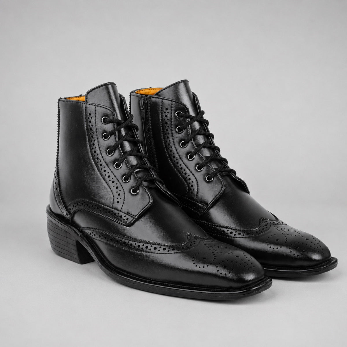 Bxxy's Men's Height Increasing Semi-Formal Cow Boy Ankle Zipper Lace-Up Brogue Boots