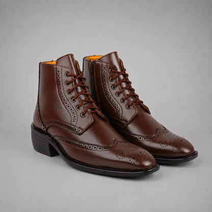 Bxxy's Men's Height Increasing Semi-Formal Cow Boy Ankle Zipper Lace-Up Brogue Boots