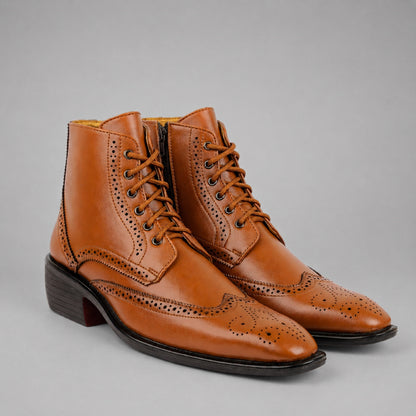 Bxxy's Men's Height Increasing Semi-Formal Cow Boy Ankle Zipper Lace-Up Brogue Boots