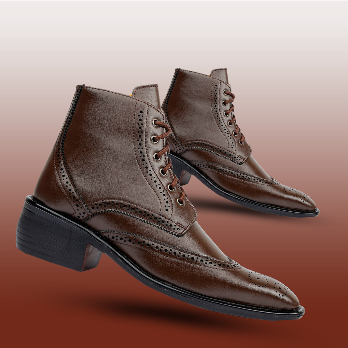 Bxxy's Men's Height Increasing Semi-Formal Cow Boy Ankle Zipper Lace-Up Brogue Boots