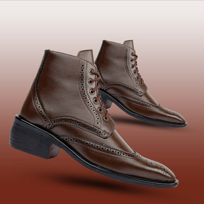 Bxxy's Men's Height Increasing Semi-Formal Cow Boy Ankle Zipper Lace-Up Brogue Boots